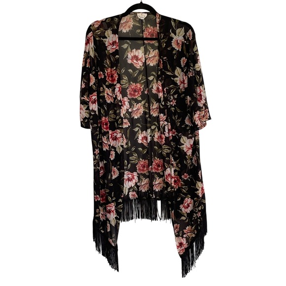 Ember Sweaters - Ember Womens Floral Mesh Kimono Wrap Black Pink Rose Fringe Trim Large